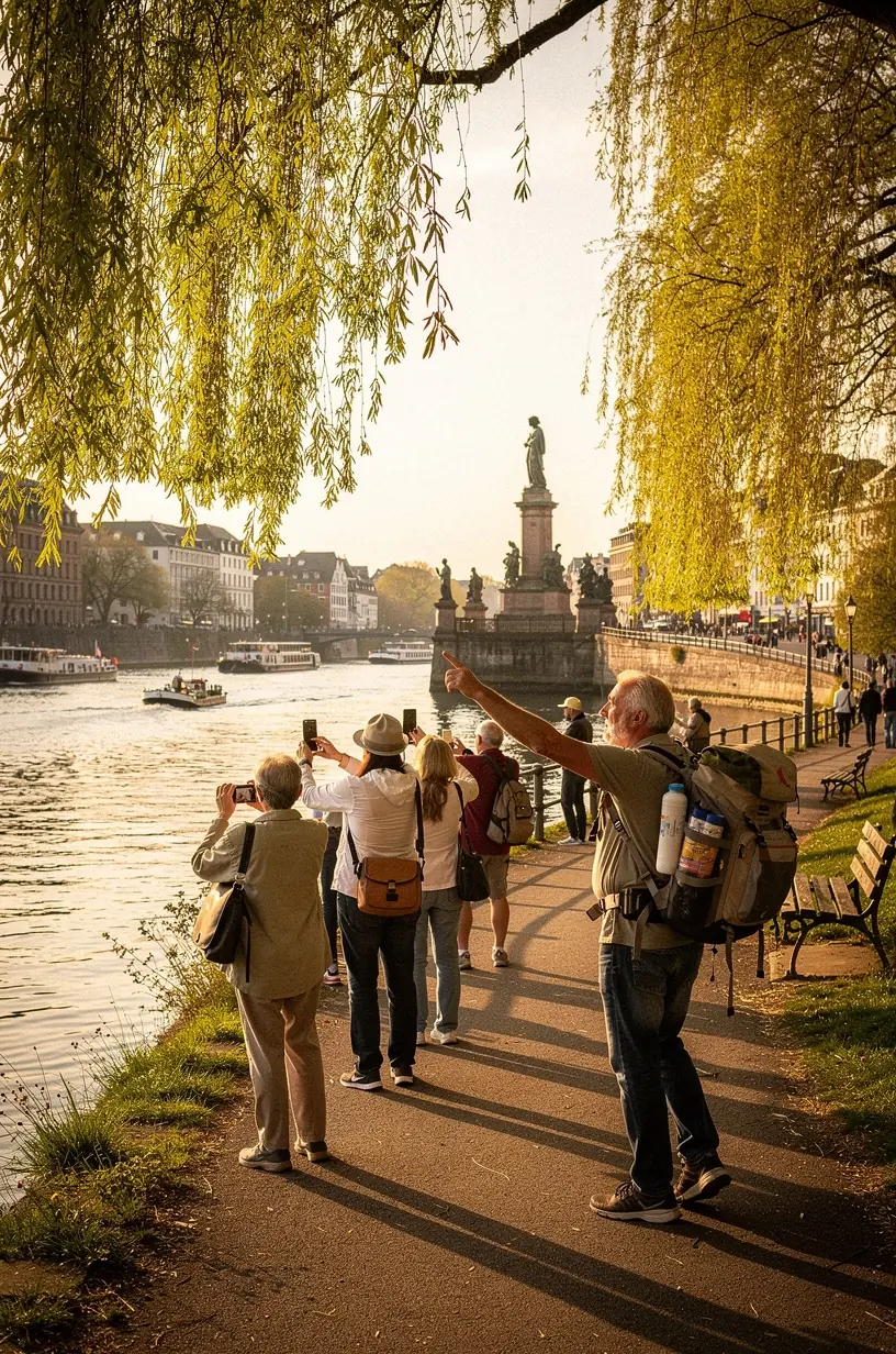 Gruppe von Reisenden in Outdoor-Bekleidung mit Kopfhörern bei einer audiogeführten Tour durch historische Viertel.