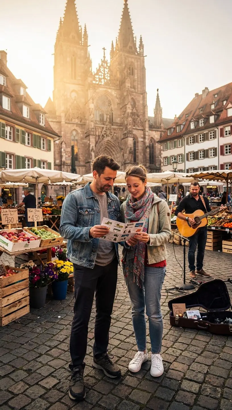 Touristengruppe folgt einem erfahrenen Reiseleiter durch enge Gassen einer deutschen Altstadt.